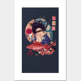 Collage Geisha Samurai in Coral, Indigo and Marsala Posters and Art